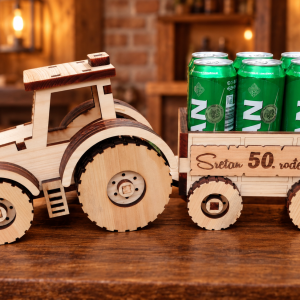 Personalizirani drveni traktor s prikolicom za limenke – poklon za 50. rođendan