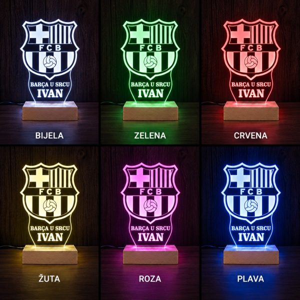 Barcelona lampa na drvenom postolju u bijeloj, zelenoj, crvenoj, žutoj, rozoj i plavoj boji osvjetljenja