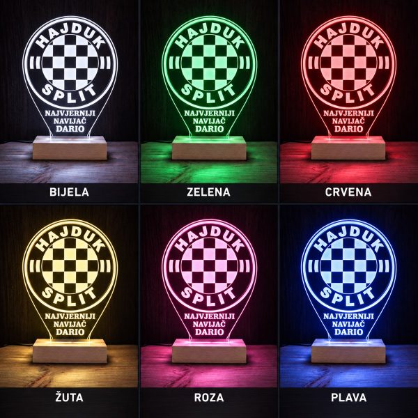Hajduk lampa na drvenom postolju u bijeloj, zelenoj, crvenoj, žutoj, rozoj i plavoj boji osvjetljenja