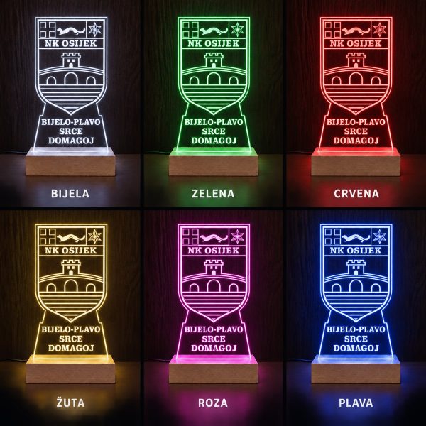 Osijek lampa s gravurom na prozirnom pleksiglasu i drvenim postoljem u bijeloj, zelenoj, crvenoj, žutoj, rozoj i plavoj boji osvjetljenja