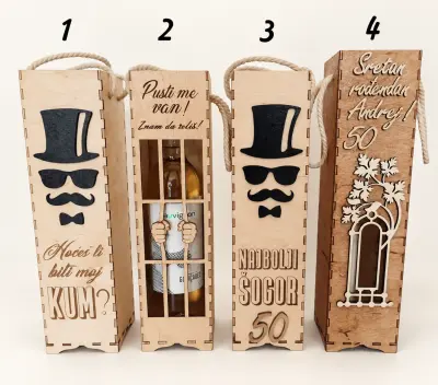Četiri modela personaliziranih drvenih kutija za vino označena brojevima 1, 2, 3 i 4