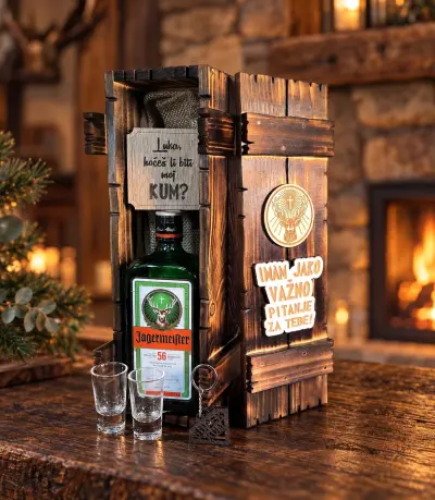Otvorena personalizirana kutija za kuma s Jägermeisterom, čašicama i natpisom „Luka, hoćeš li biti moj kum?”
