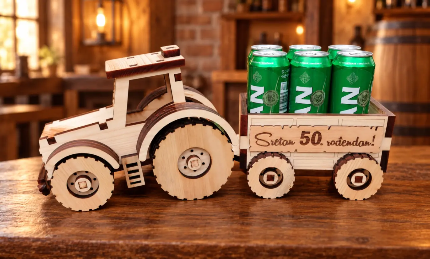 Personalizirani drveni traktor s prikolicom za limenke – poklon za 50. rođendan