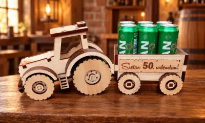 Personalizirani drveni traktor s prikolicom za limenke – poklon za 50. rođendan
