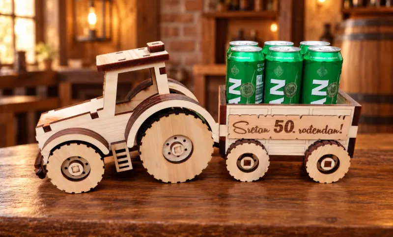 Personalizirani drveni traktor s prikolicom za limenke – poklon za 50. rođendan